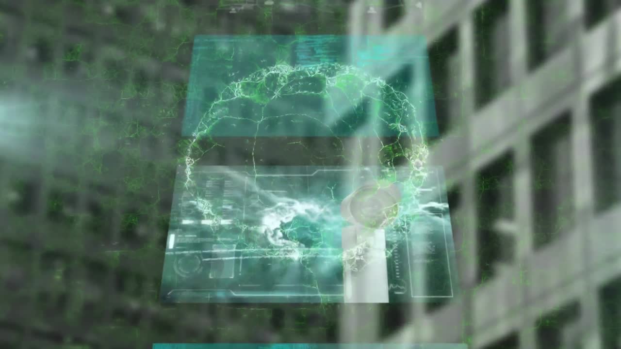 Animation of human brain spinning over data processing on screens