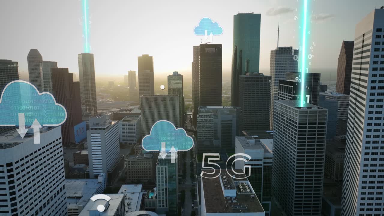 American cityscape during sunset with animation digital overlays: 5G and cloud technology