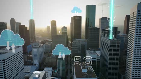 american cityscape during sunset with animation digital overlays: 5g and cloud technology