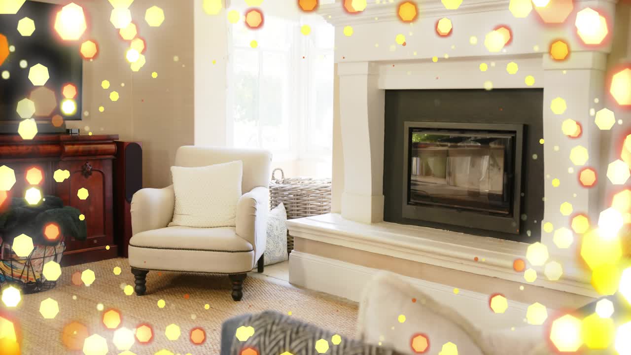 Gold bokeh appearing, plant shifting and camera panning right, revealing cream chair framing room