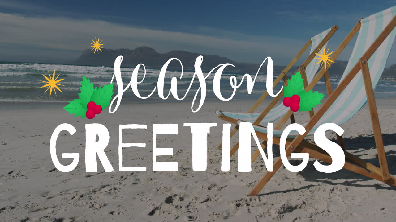 Animation of christmas greetings text over deckchairs on beach