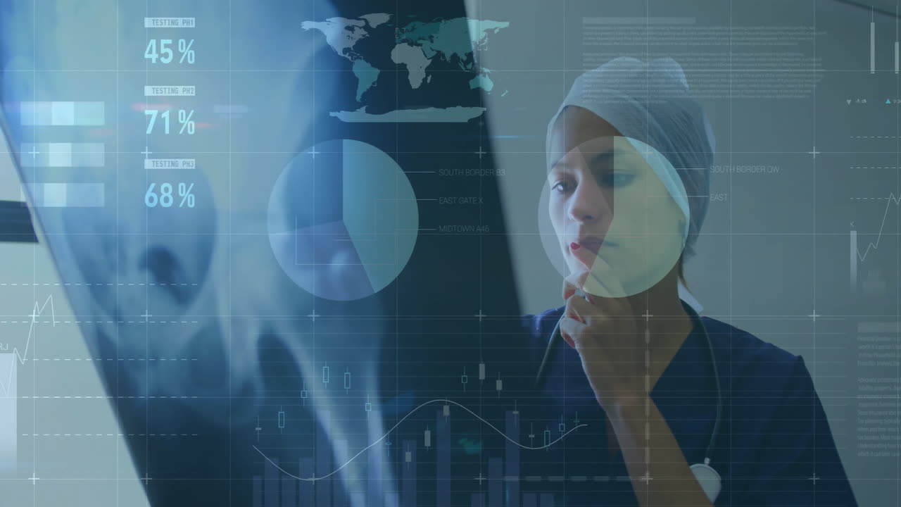 Animation of financial data processing over caucasian female surgeon in hospital