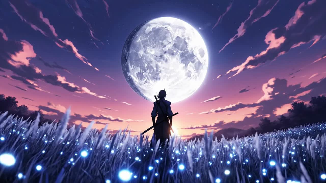 Guerriero samurai in piedi in un campo luminoso sotto una luna piena