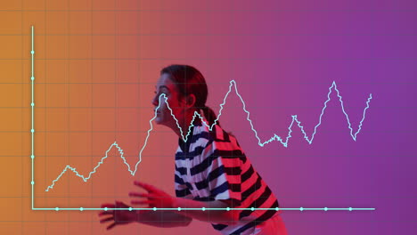 animation of data processing over female rugby player on neon background