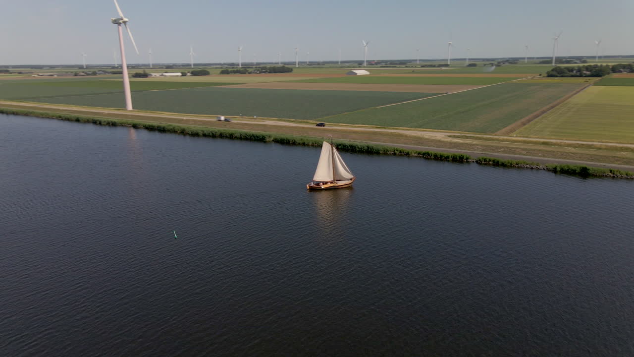 전형적인 네덜란드 풍경에서 강에서 항해하는 보트의 공중