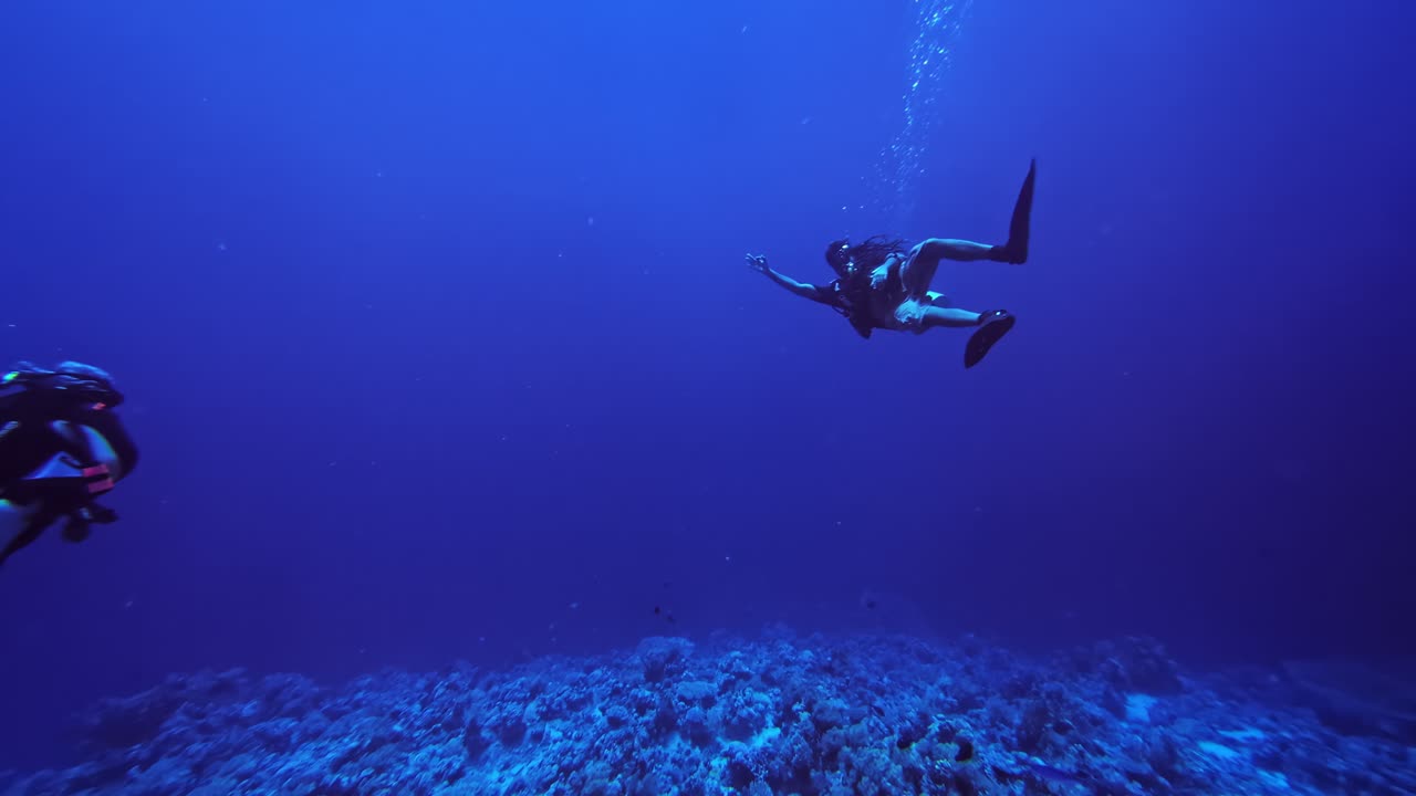 Foto estática subaquática de um mergulhador flutuando acima de um recife azul-escuro enquanto outro mergulhador entra no quadro. Bolhas de ar sobem em direção à superfície na água calma e aberta