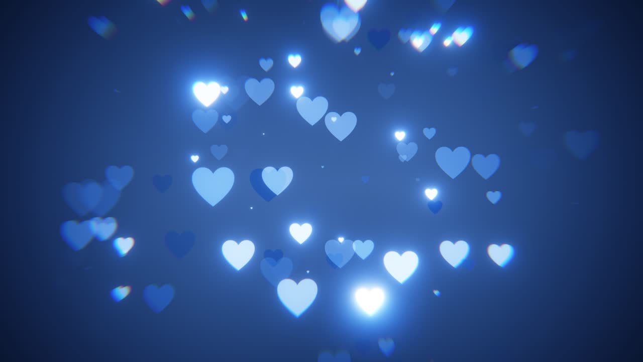 Cuori blu luminosi romantici che fluttuano su uno sfondo scuro