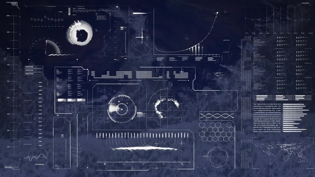 Animation of data processing and media icons over cityscape