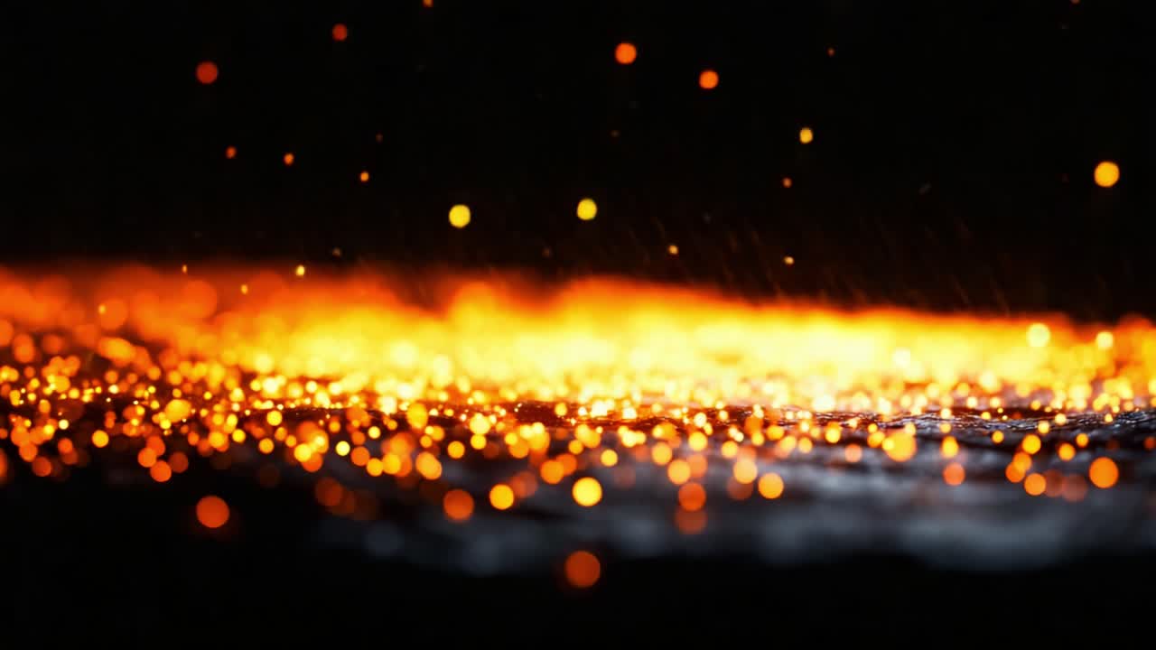 Una straordinaria rappresentazione di scintille luminose e particelle scintillanti che eruttano da una superficie illuminata, creando una scena visiva spettacolare di fuoco e luce in un'atmosfera buia