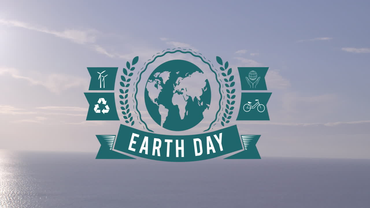 지구와 바다 위의 지구의 날 텍스트의 애니메이션