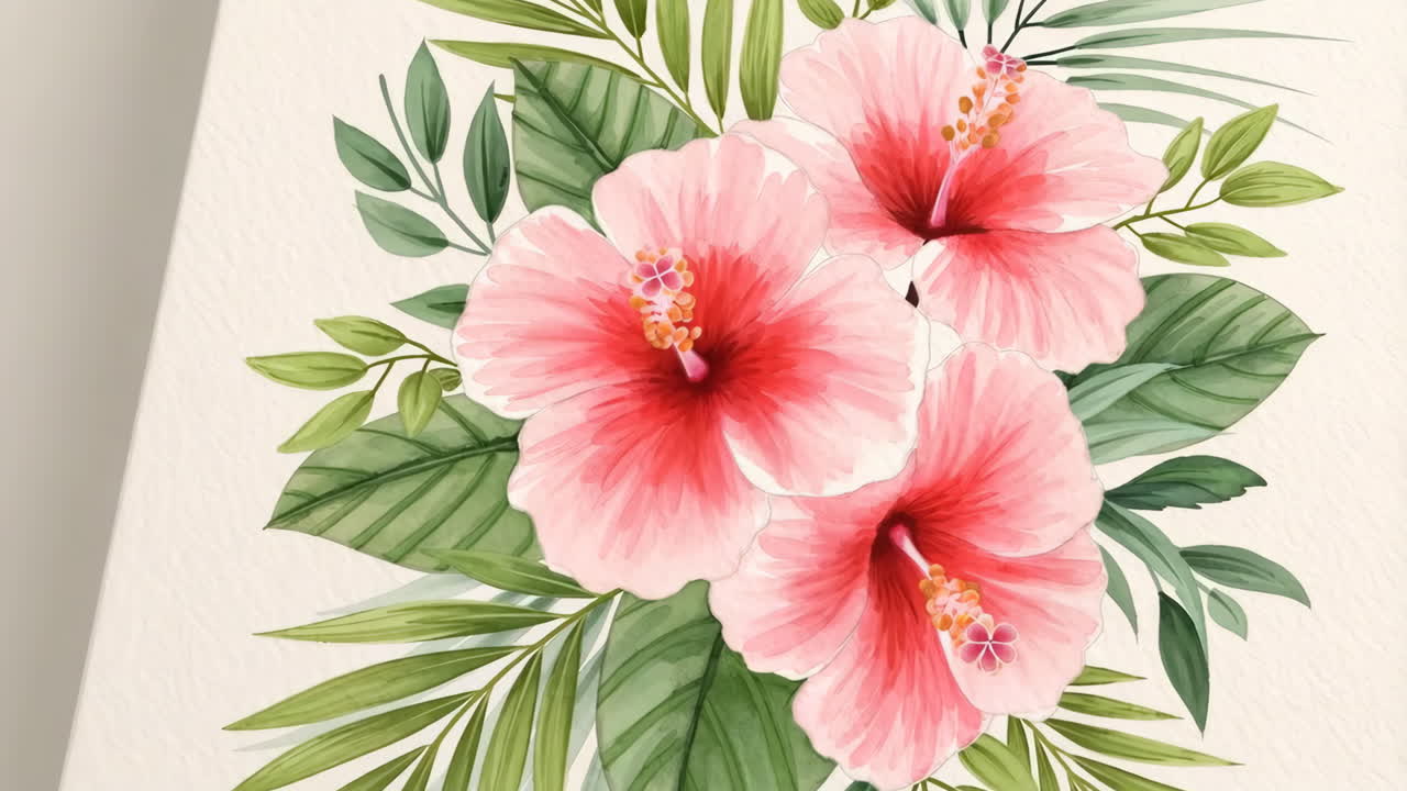 Watercolor Pink Hibiscus Flowers and Tropical Leaves