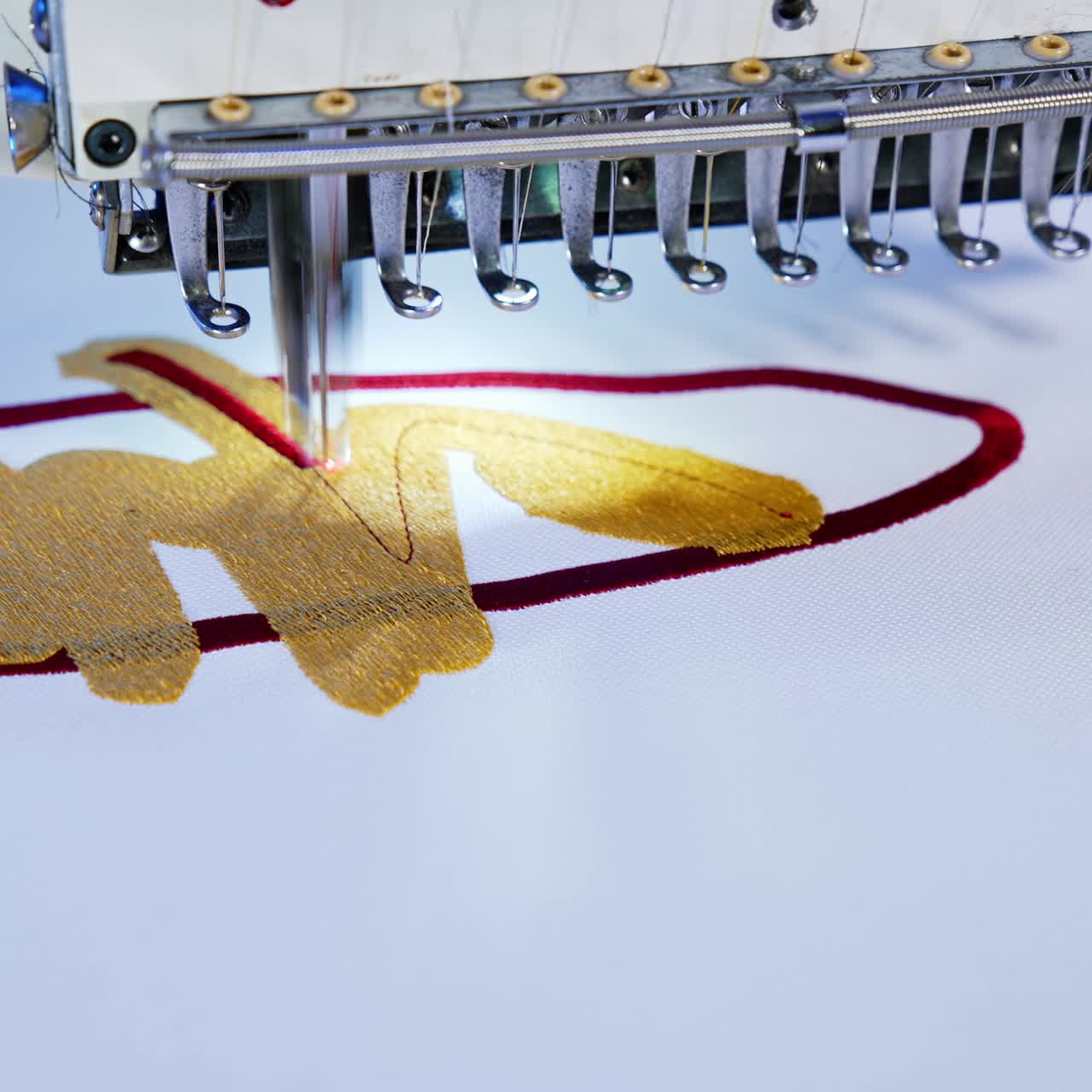 Industrial textile sewing machine. Fabric cloth stitching