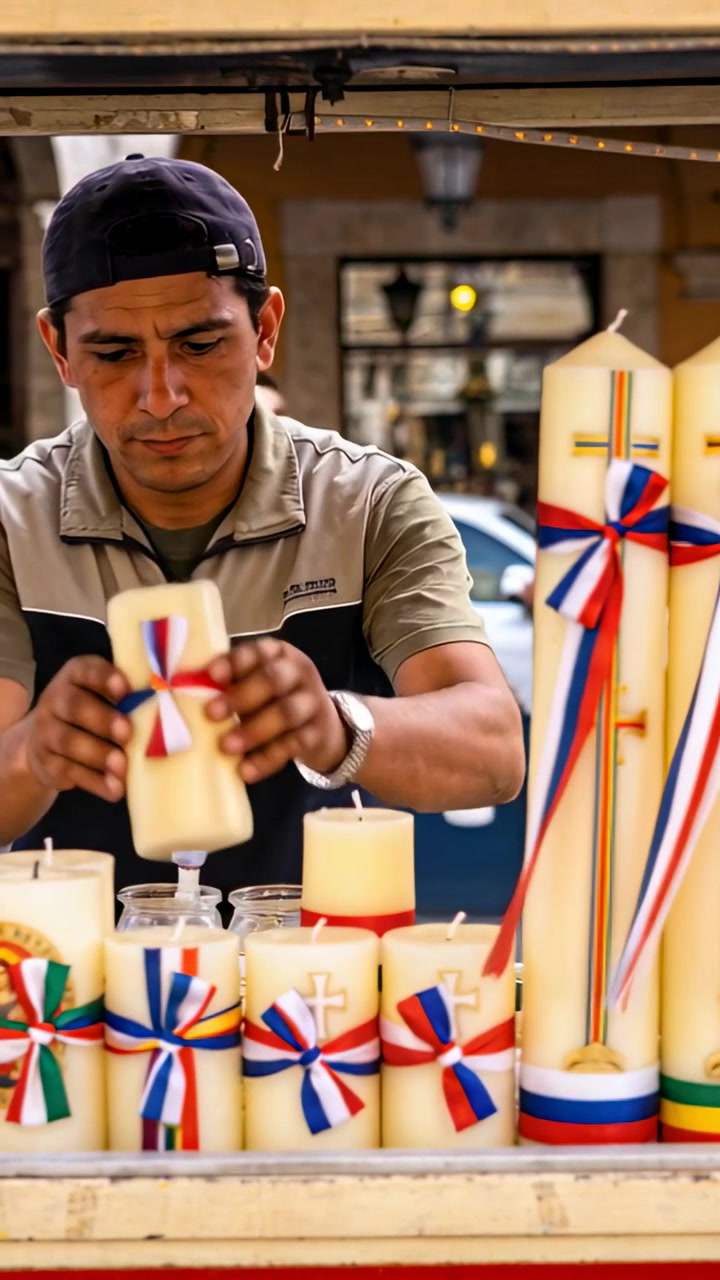 Vídeo vertical: Homem de boné escolhendo vela creme, arrumando fitas que enfeitam as velas na barraca para organizar.