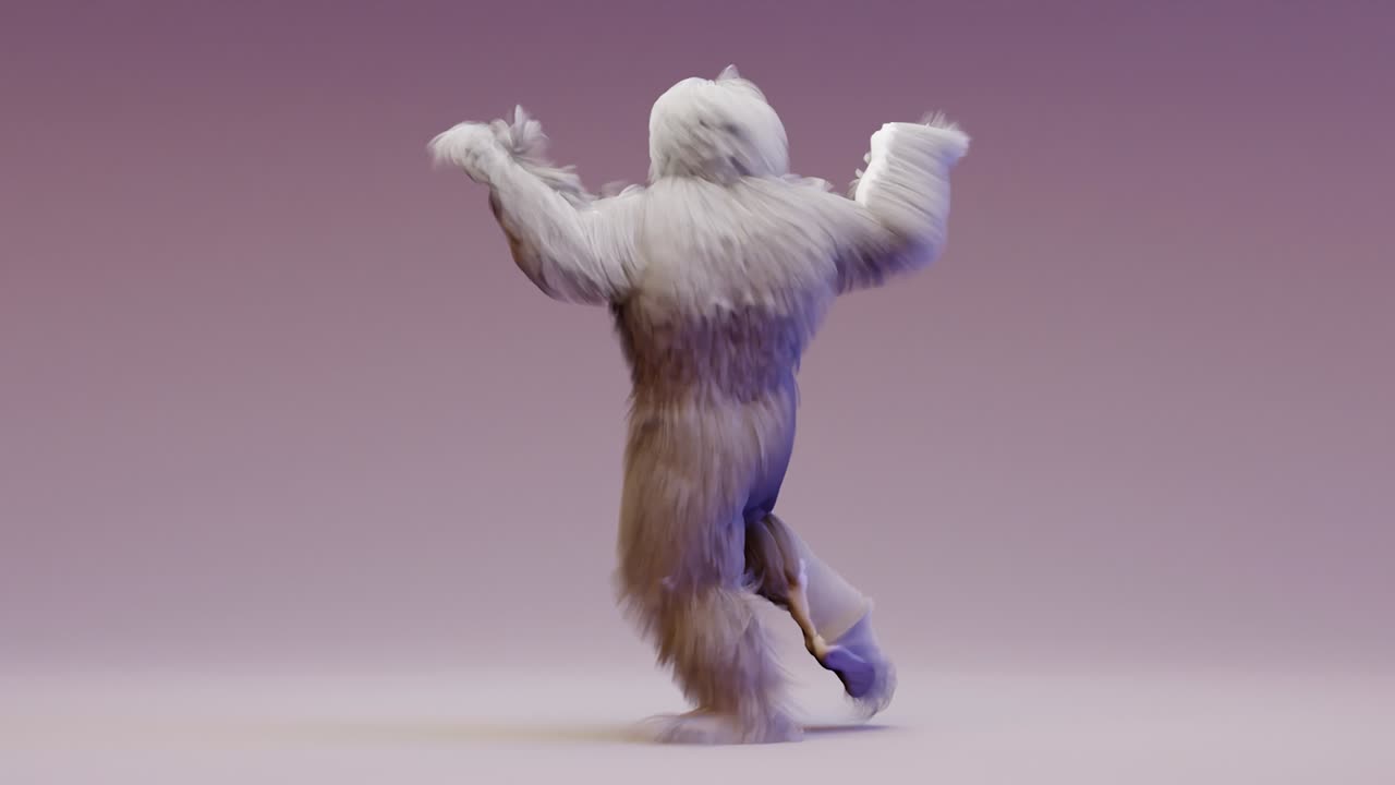 monstruo peludo clip de baile aislado. pelaje brillante divertido personaje esponjoso, pelaje, cabello lleno, hombre de nieve, renderizado en 3d. escabullirse. animación de bucle