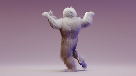 hairy monster dancing clip isolated. fur bright funny fluffy character, fur, full hair, snowman, 3d render. sneaking out. loop animation