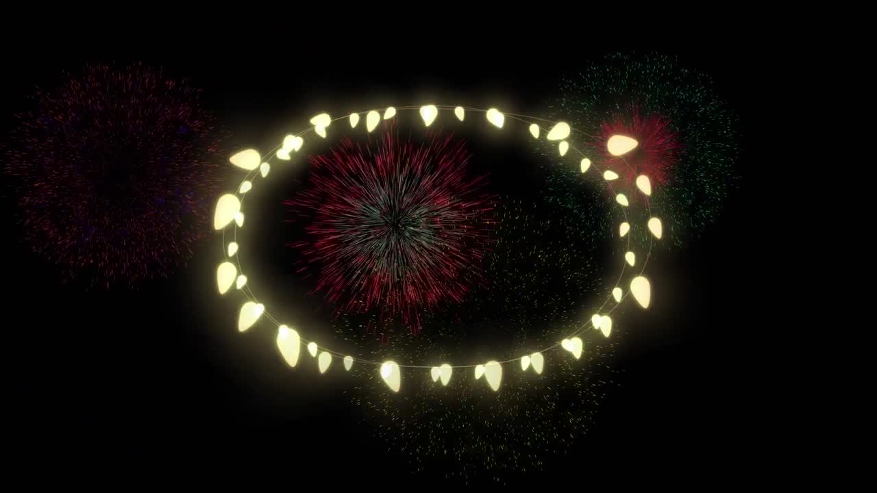 animación del círculo de luces de hadas con coloridos fuegos artificiales de navidad y año nuevo en el cielo nocturno