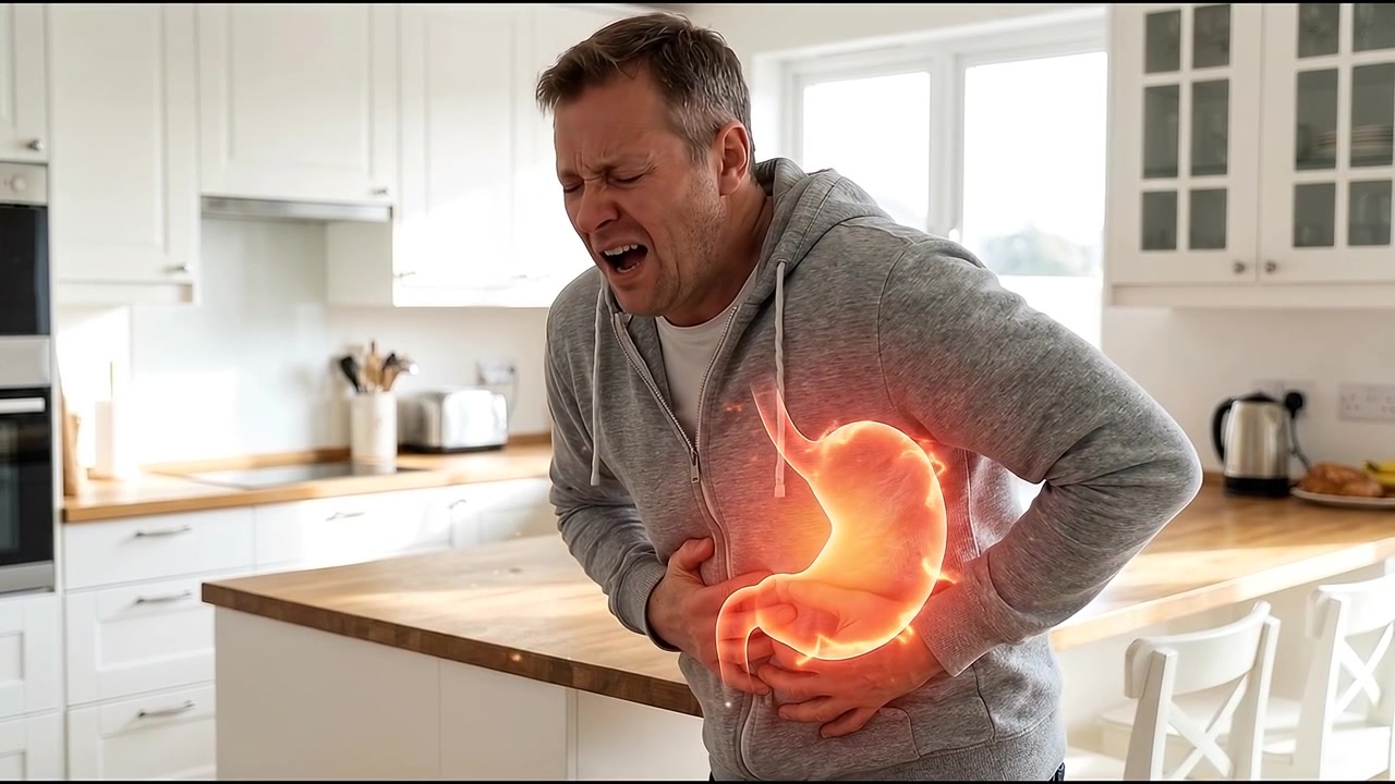 Uomo che soffre di un forte mal di stomaco in cucina
