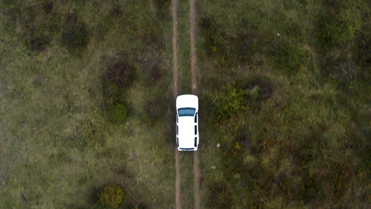 White jeep turning to a dirt country road between bushes,overhead