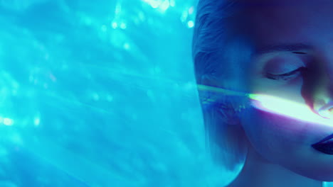 Amazed Alien Woman in Neon Light and Laser Beams