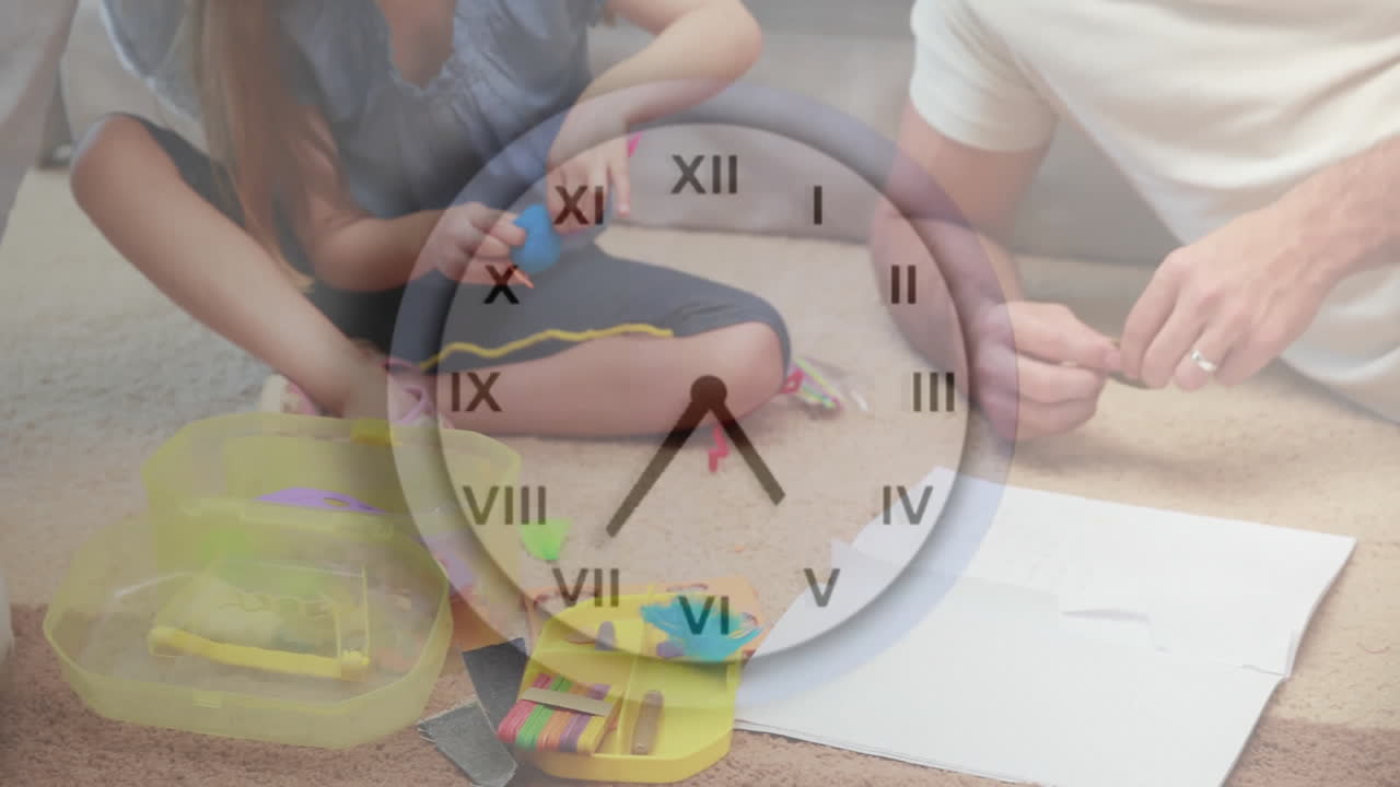 Clock animation over children playing with colorful clay on carpet