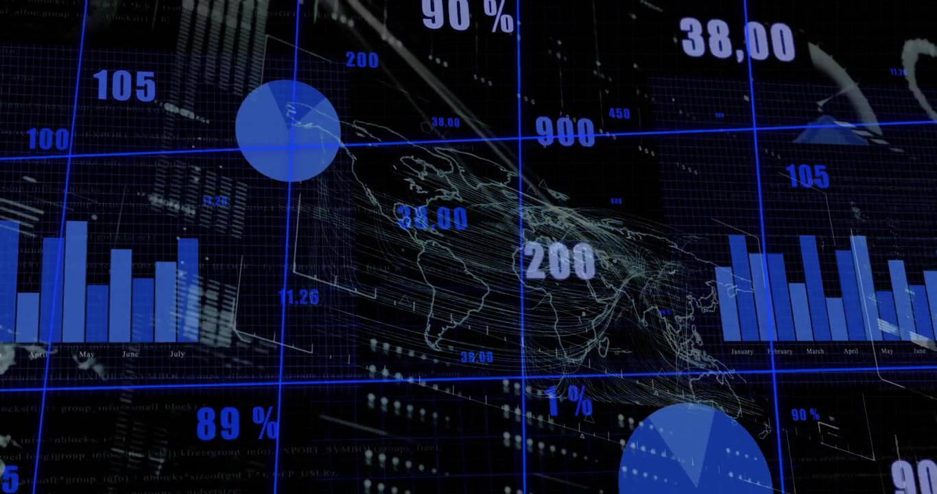 Animation of data processing and world map over black background
