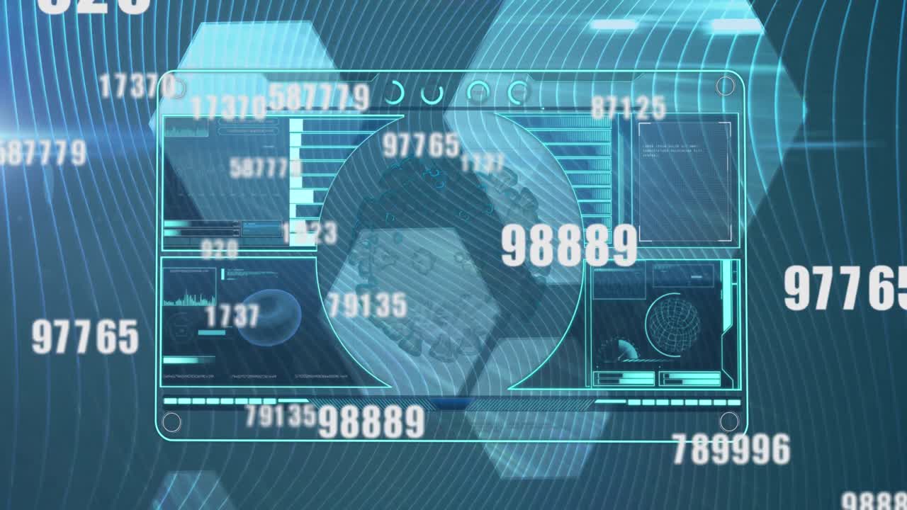Animation of covid 19 cell, medical data and numbers changing on digital screen over hexagons