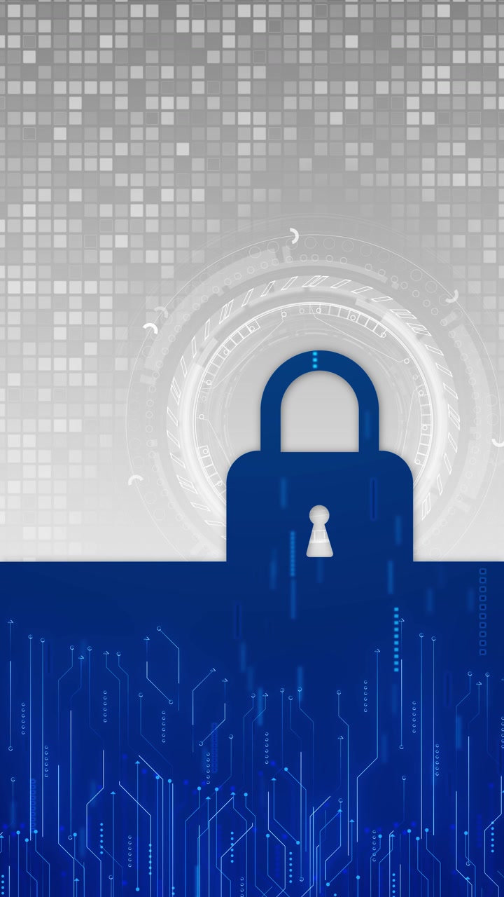 Blue padlock circuit security background with white technology panel glowing lock electronic lines