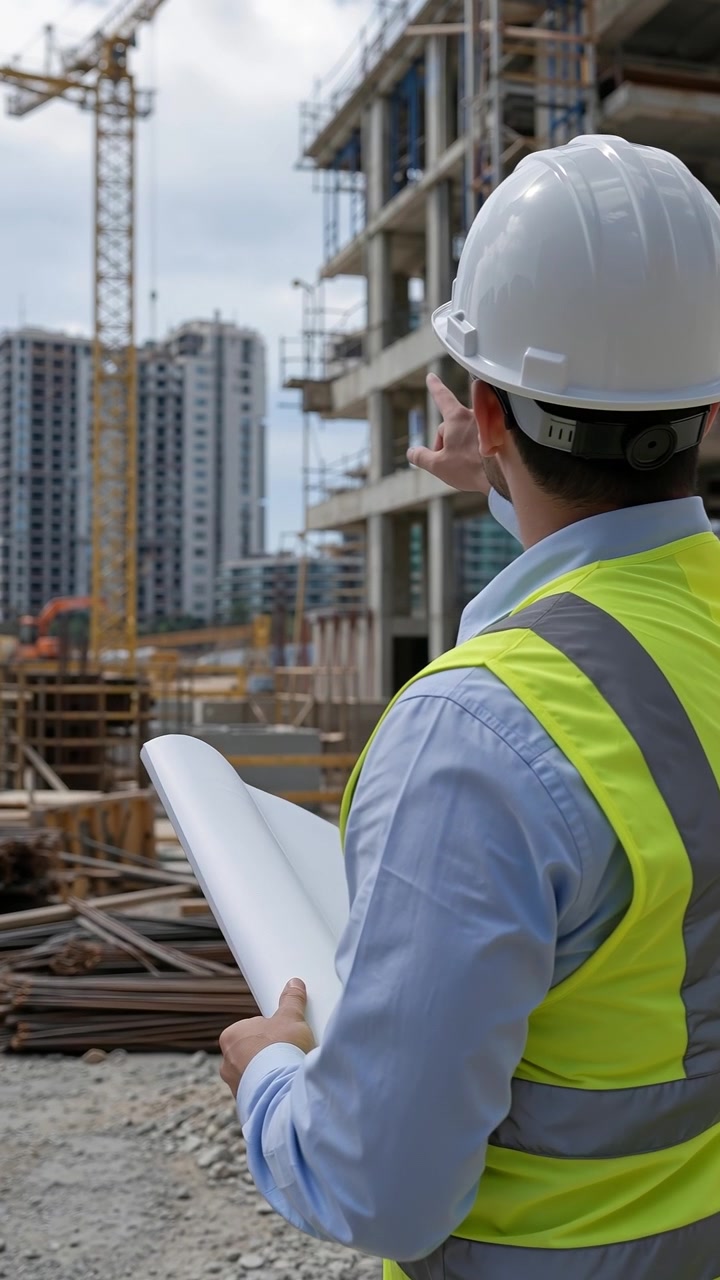 Ingeniero de construcción con chaleco de alta visibilidad y casco revisando planos en la obra.