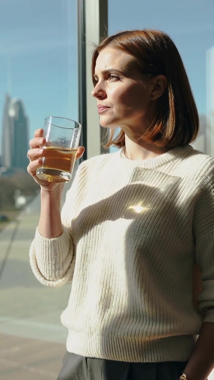 Video verticale: Donna che tiene un bicchiere trasparente, sorseggiando alla finestra mentre guarda lo skyline, con un maglione color crema