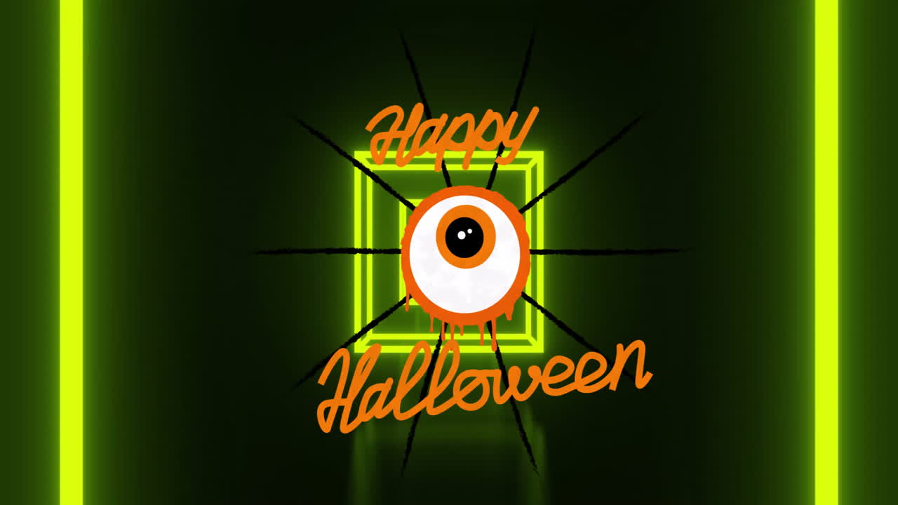 Spooky eyeball with Happy Halloween text on neon green background animation