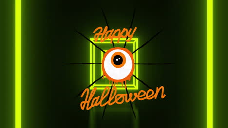 spooky eyeball with happy halloween text on neon green background animation