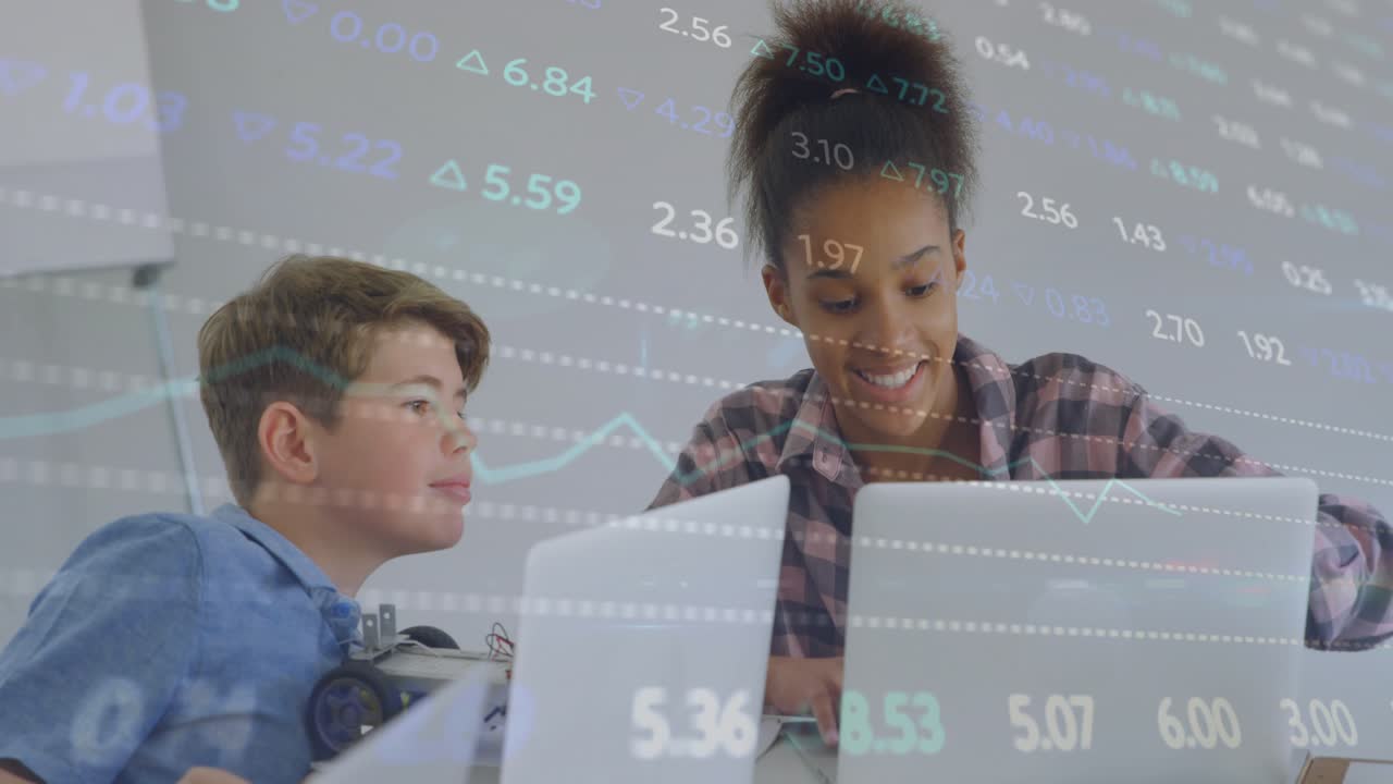 Female student typing on laptop causing animated charts and robot feedback, showing to boy for STEM