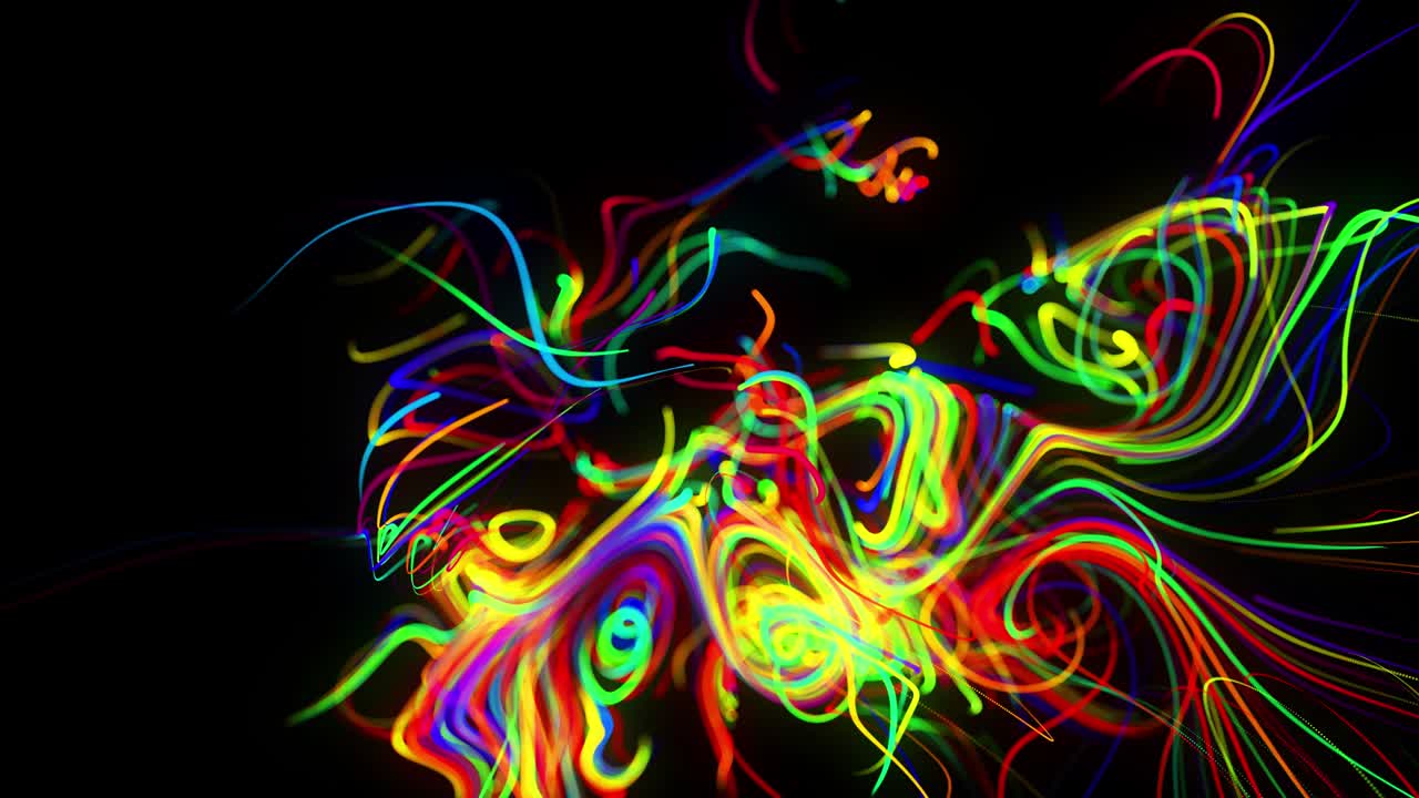 el flujo de fondo abstracto de las líneas de brillo. las partículas de luces en funcionamiento se forman en el espacio 3d brillando hermosas líneas curvas como una bola de cables quemándose con luz de neón. hermoso fondo creativo en bucle en 4k.