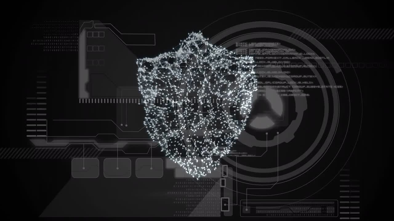 animación de un escudo digital sobre un fondo negro con datos diversos