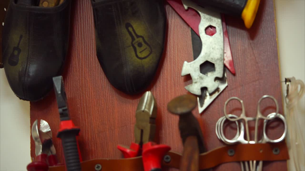 Various tools and accessories on a wooden board