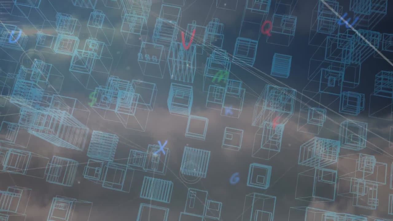 animación de la red de puntos y procesamiento de datos sobre el plan de la ciudad en 3d, sobre fondo negro