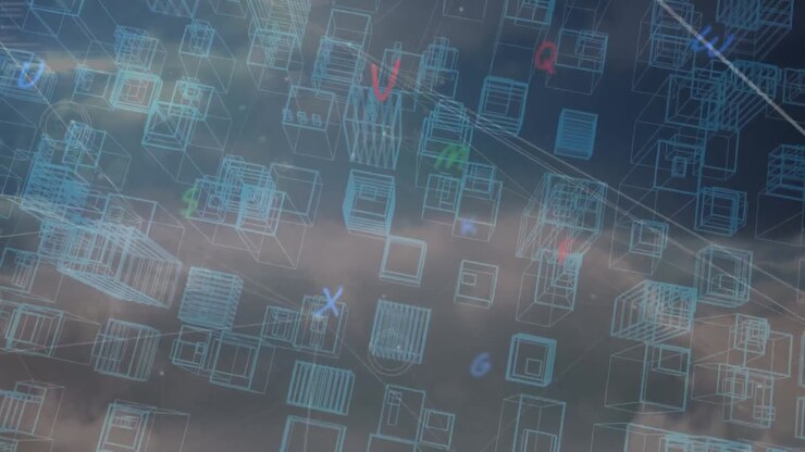 Animation of network of points and data processing over 3d city plan, on black background