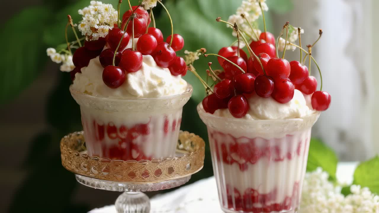 Two glasses with a delicious cherry dessert, whipped cream and white flowers are served on elegant glass stands on a table with a white tablecloth