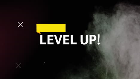 digitale animation von level-up-text und gelbem banner gegen staubexplosion auf schwarzem hintergrund