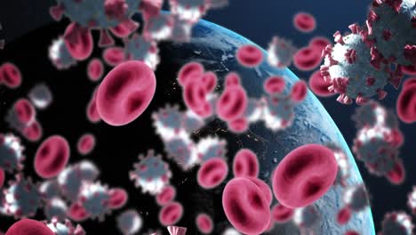 Animation-of-covid-19-and-red-blood-cells-floating-over-planet-earth