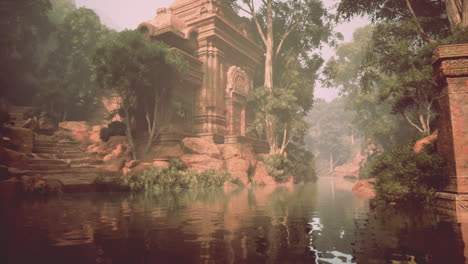 ancient temple ruins in a misty jungle