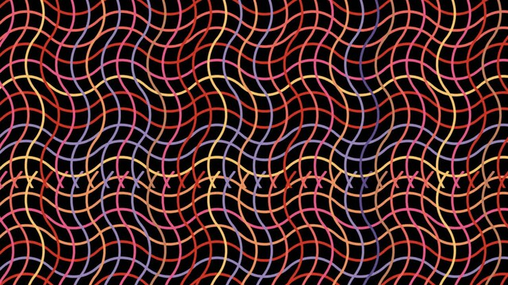 Digital animation of colorful wavy criss cross lines against black background