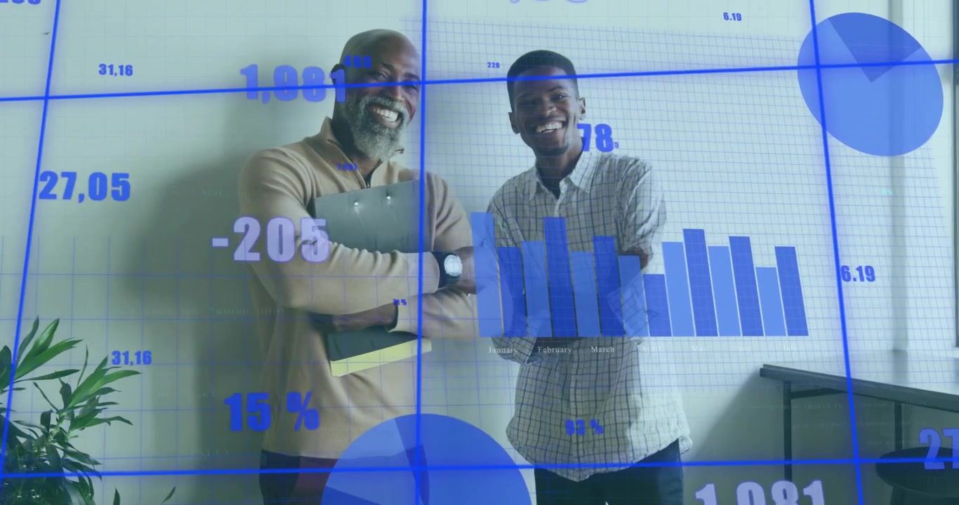 Mentor initiating business review by pointing at clipboard, animated graphs updating for coaching