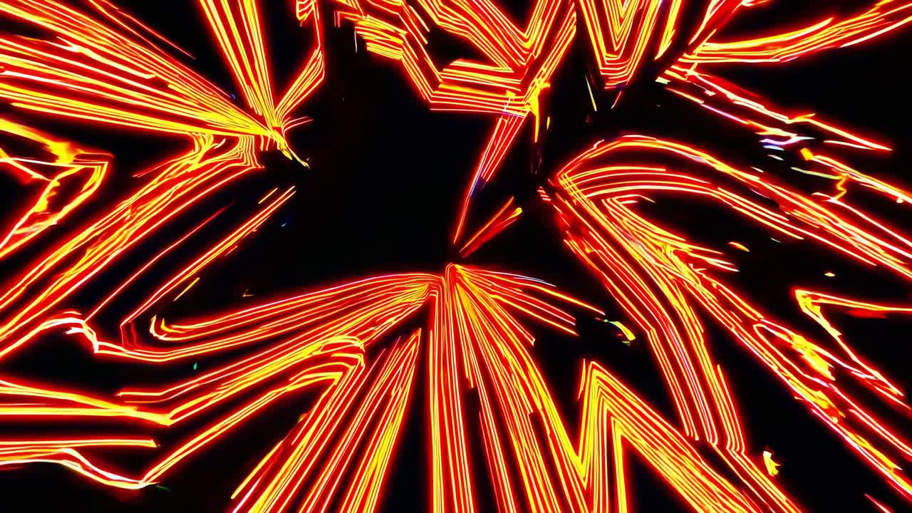 Colorful neon lights exploding from the center against a deep black background, creating a vibrant and energetic abstract composition filled with dynamic light trails and stunning designs