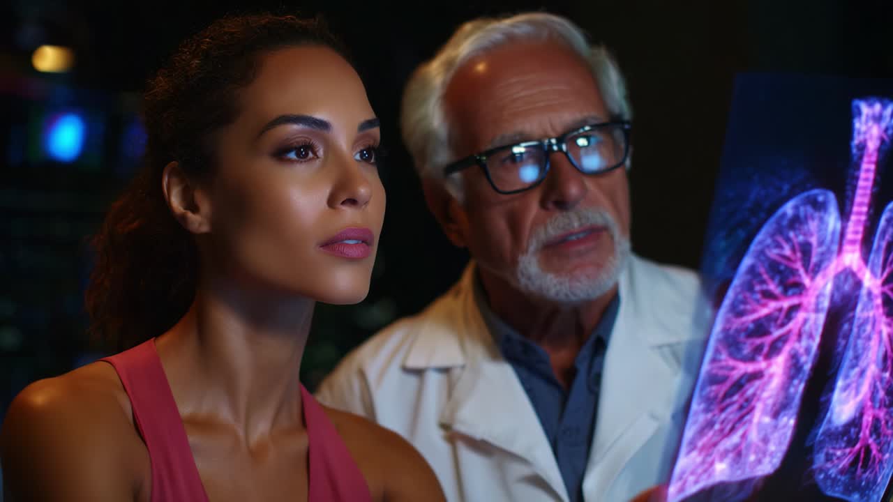 A groundbreaking medical consultation featuring a woman and a doctor analyzing a detailed lung scan, highlighting the significant advancements in medical imaging technology and patient care in a clinical setting
