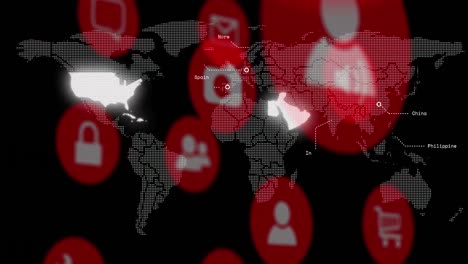 animación de iconos de medios sobre el mapa del mundo
