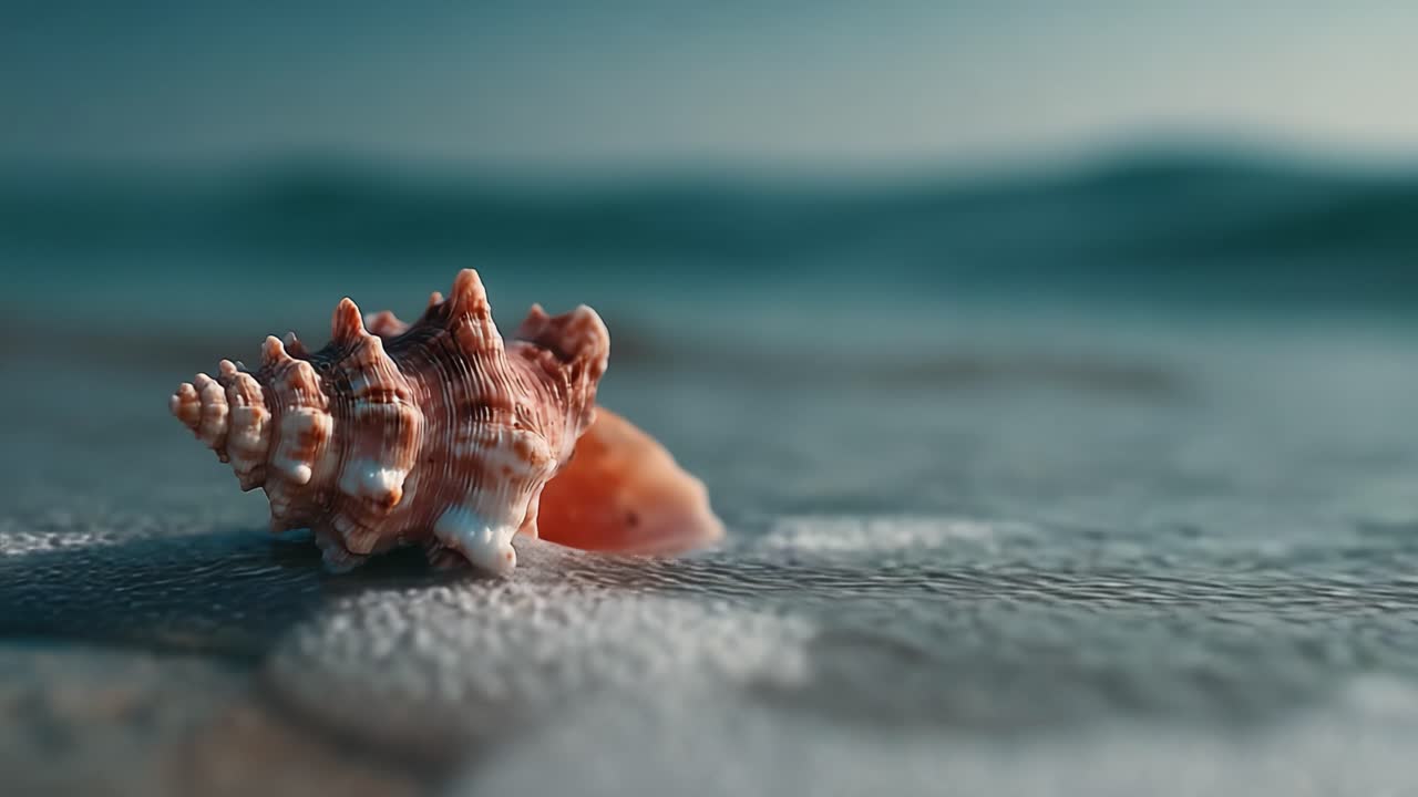 A Close-Up View of a Beautiful Seashell Resting on the Shoreline with Gentle Waves Caressing the Sandy Beach in the Background
