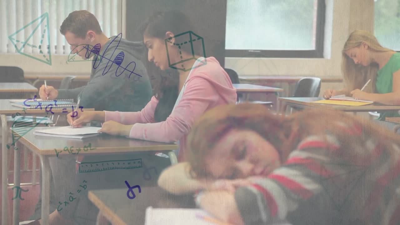 학교 아이콘과 수학 방정식의 애니메이션을 다양한 학생들에게