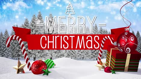 Animation-of-merry-christmas-text-over-christmas-decoration-with-snow-falling-and-winter-landscape