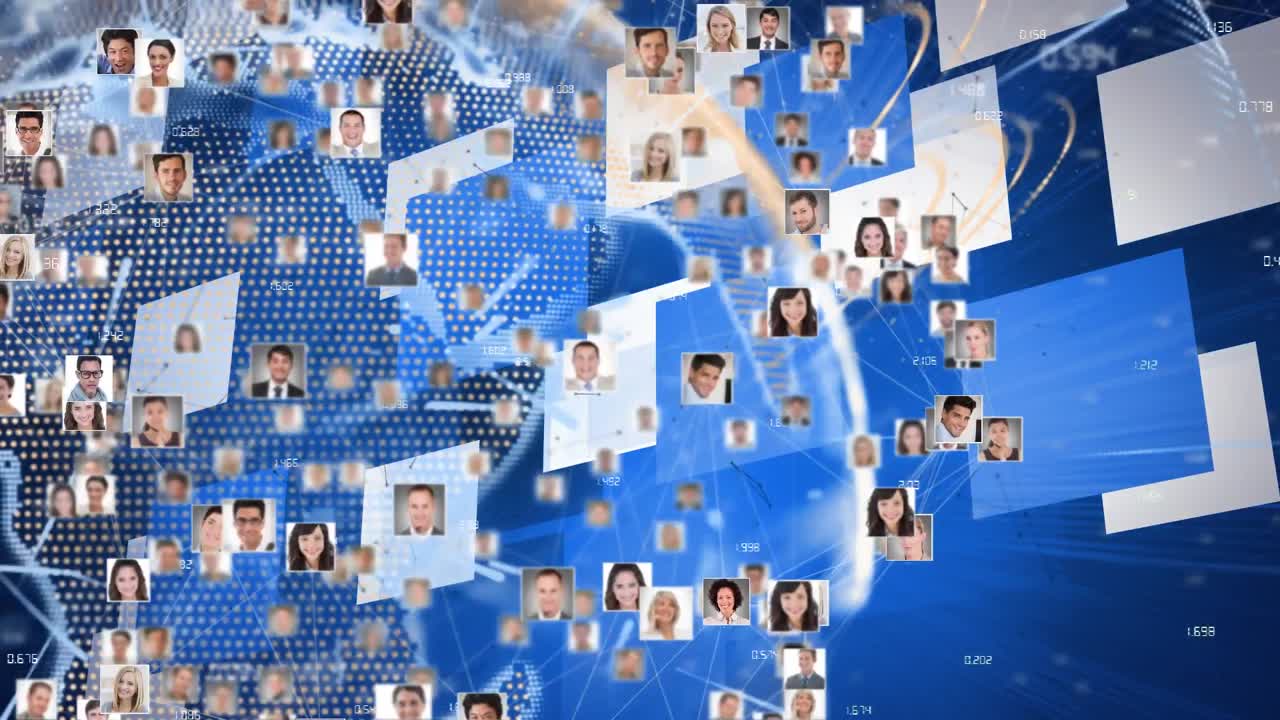 데이터 처리로 전 세계를 돌아다니는 사람들의 초상화의 애니메이션, 파란색